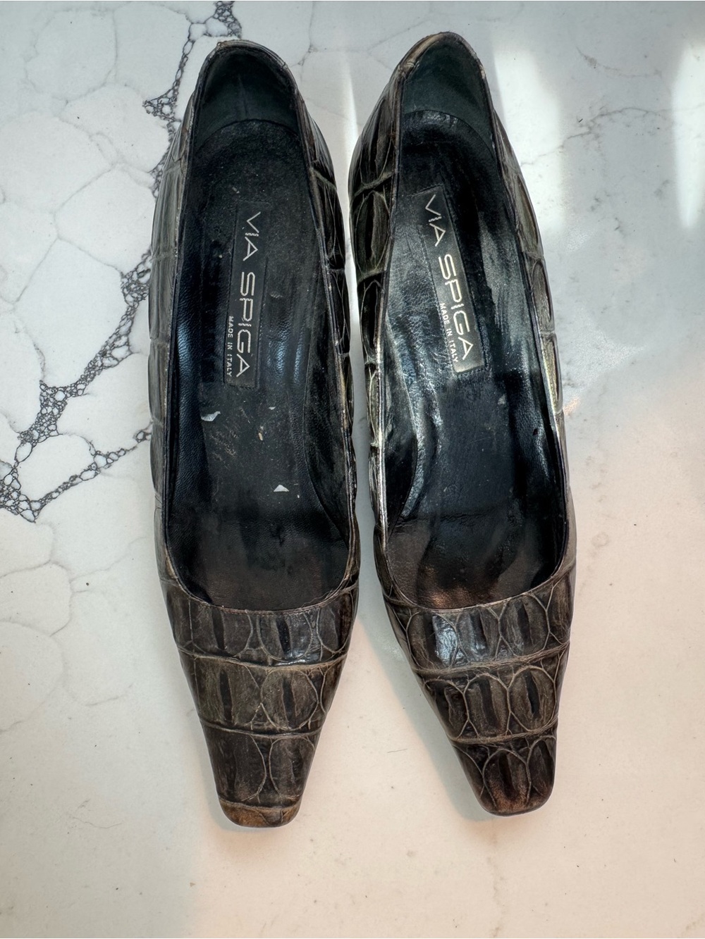 Via Spiga Black Croc-Embossed Square-Toe Flats